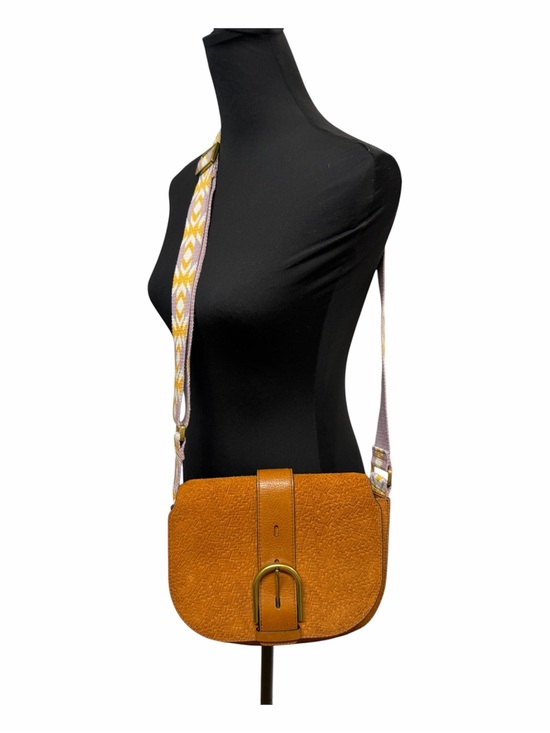 Fossil Handbags - Fossil Leather Crossbody Saddle Bag Tan Woven Flap Adjustable Guitar Strap